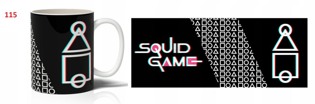 Squid game puodelis su žaidimo simboliais