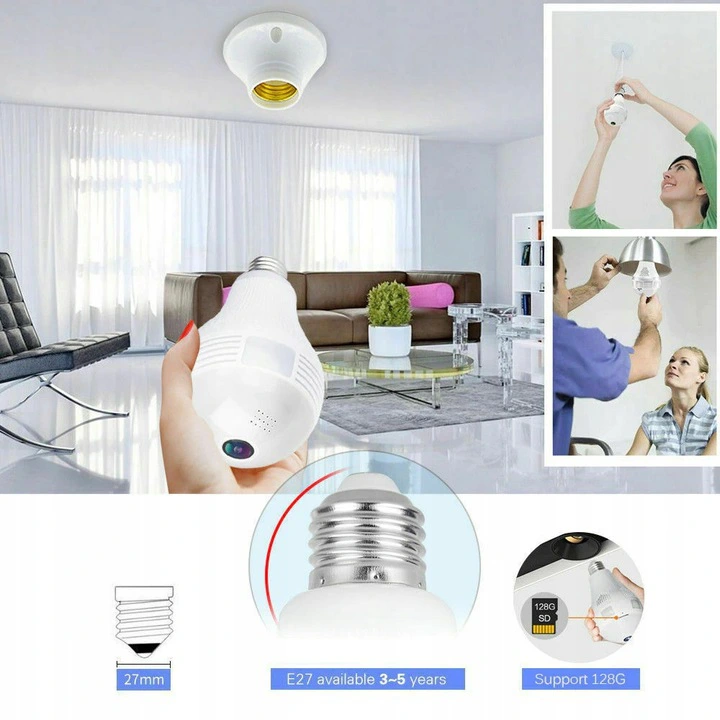 Wifi kamera 360° led lemputėje bulbhd