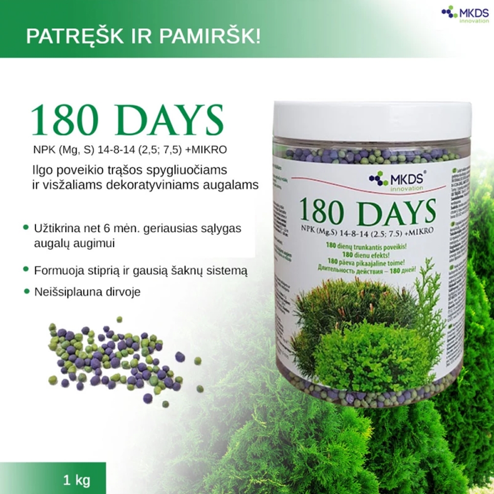 180 DAYS ilgo poveikio trąšos spygliuočiams ir visžaliams, 1 kg kaina internetu