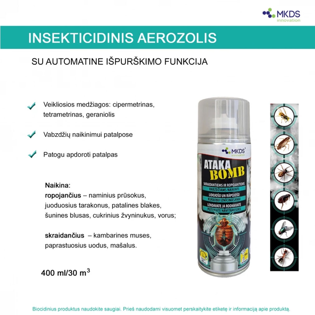 Ataka BOMB insekticidas skraidantiems ir ropojantiems vabzdžiams, 400 ml kaina internetu