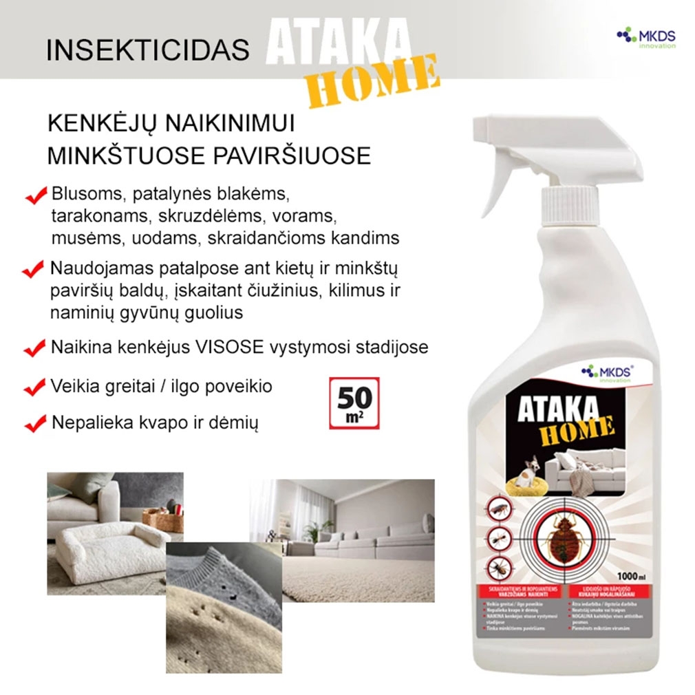 Ataka HOME insekticidas vabzdžių naikinimui kilimuose, čiužiniuose, 1L kaina internetu