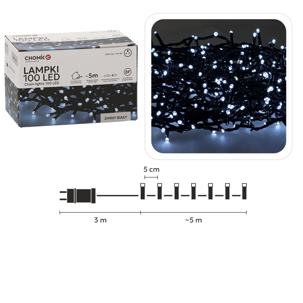 Kalėdinės LED girliandos, 100 LED, šaltai balta šviesa, 5 m kaina internetu