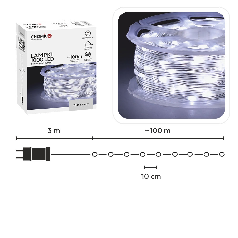 LED švieselių girlianda ant ritės 1000 LED, 100 m, šaltai balta kaina internetu