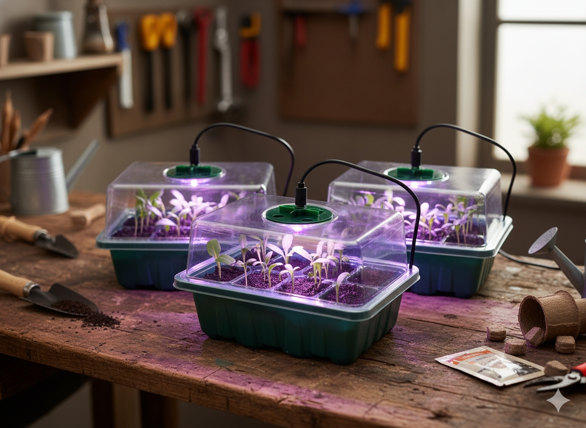 Mini šiltnamių rinkinys daiginimui su LED apšvietimu – 3 vnt. kaina internetu