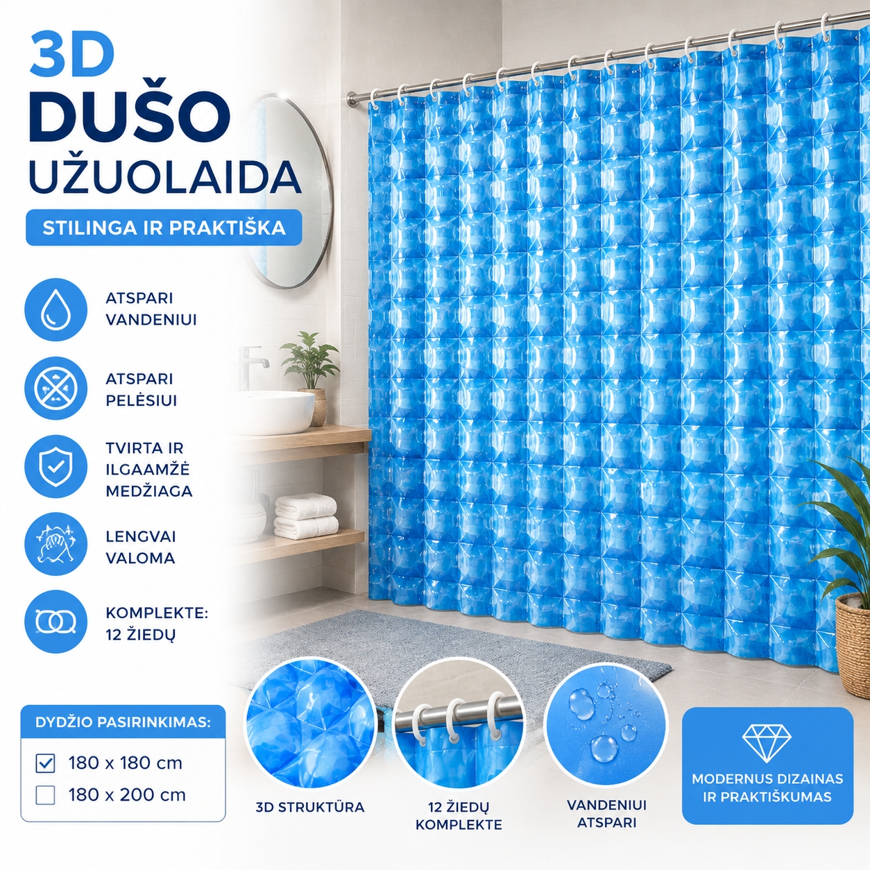3D Dušo Užuolaida MĖLYNA kaina internetu