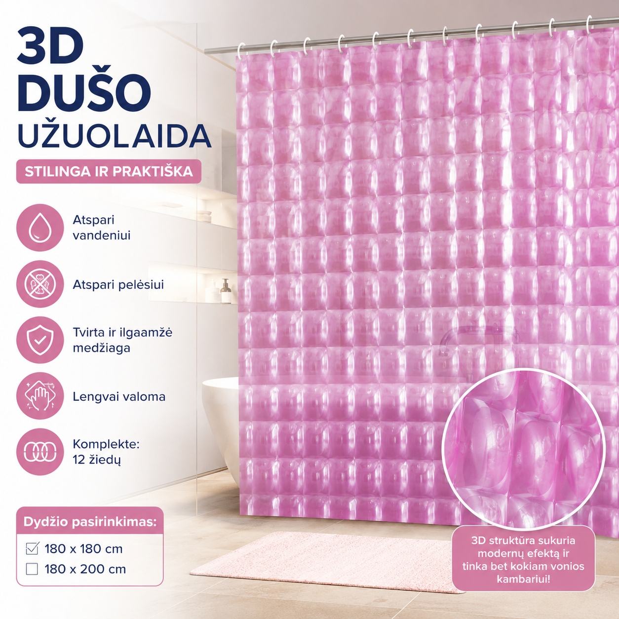 3D Dušo Užuolaida ROŽINĖ kaina internetu