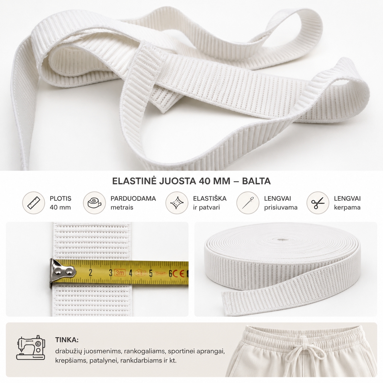 Balta elastinė juosta 40 mm – parduodama metrais kaina internetu