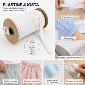 Elastinė juosta siuvimui 19 mm (45m) – balta kaina internetu