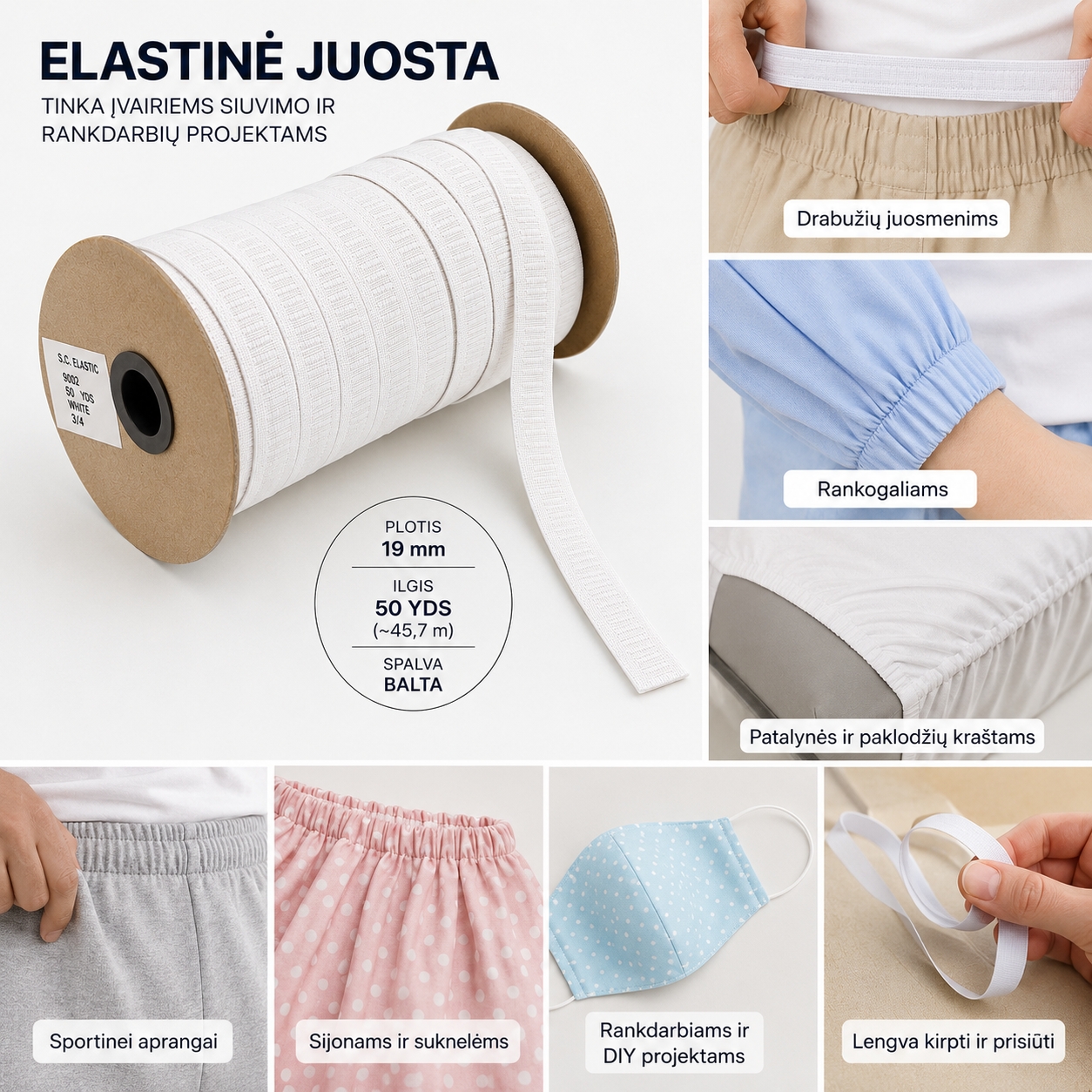 Elastinė juosta siuvimui 19 mm (45m) – balta kaina internetu