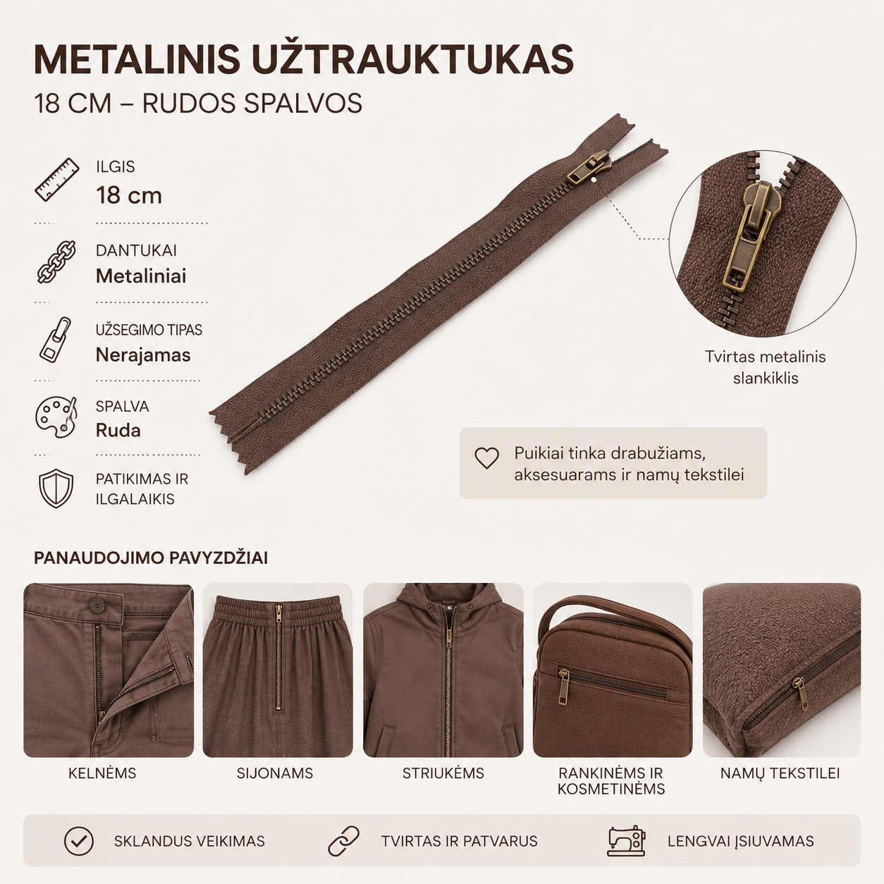 Metalinis užtrauktukas 18 cm – tamsiai rudos spalvos kaina internetu
