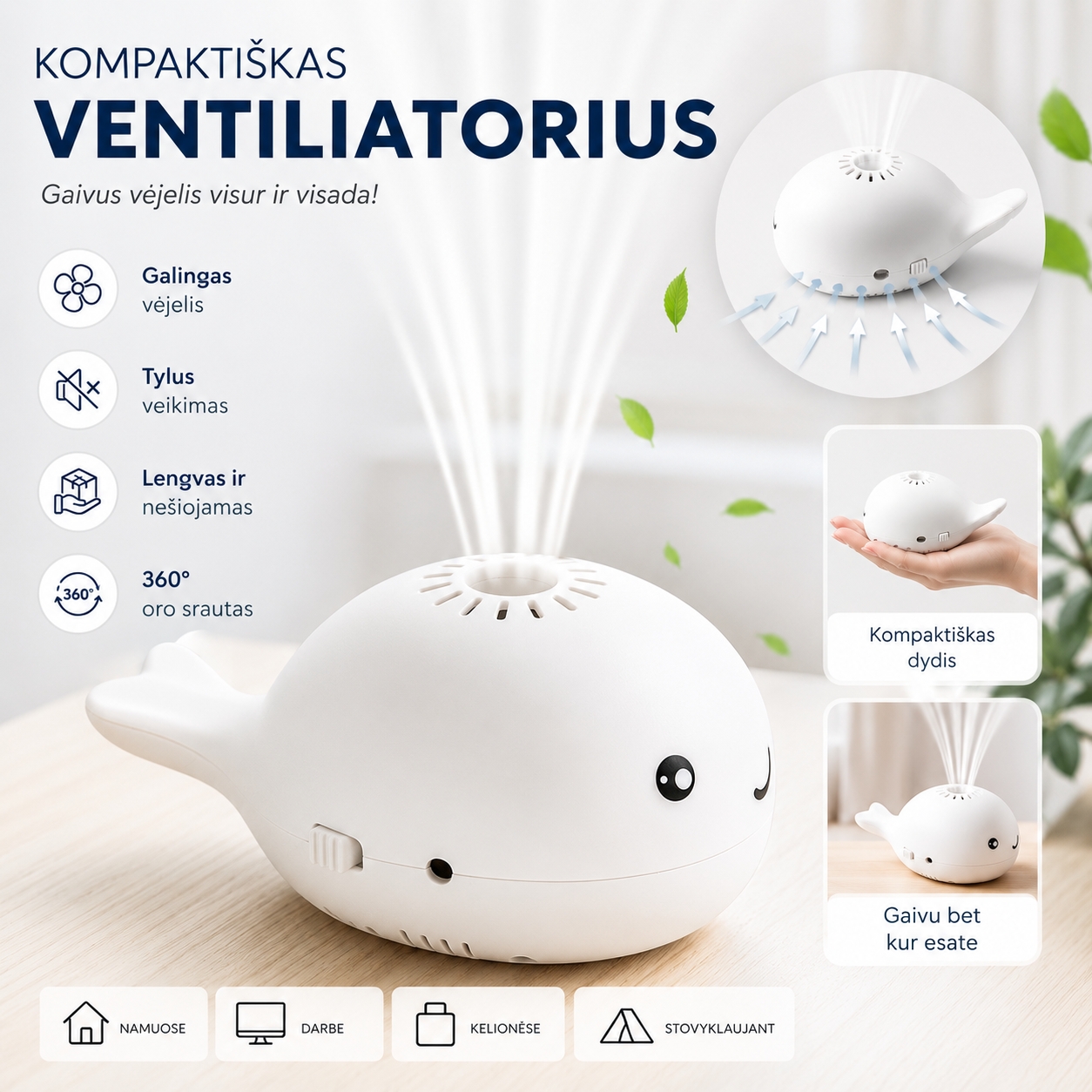 Mini ventiliatorius su skraidančiu kamuoliuku (baltas) kaina internetu