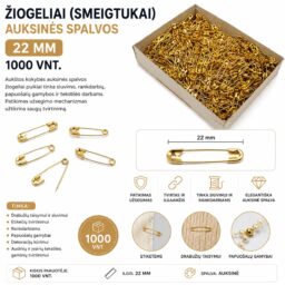 Žiogeliai (smeigtukai) auksinės spalvos 22 mm – 1000 vnt. kaina internetu
