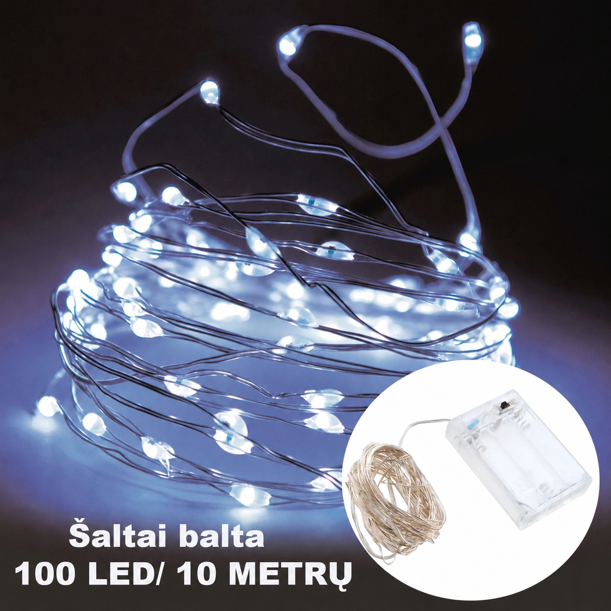 Šaltai balta LED girlianda, 100 LED, 10 m AA kaina internetu