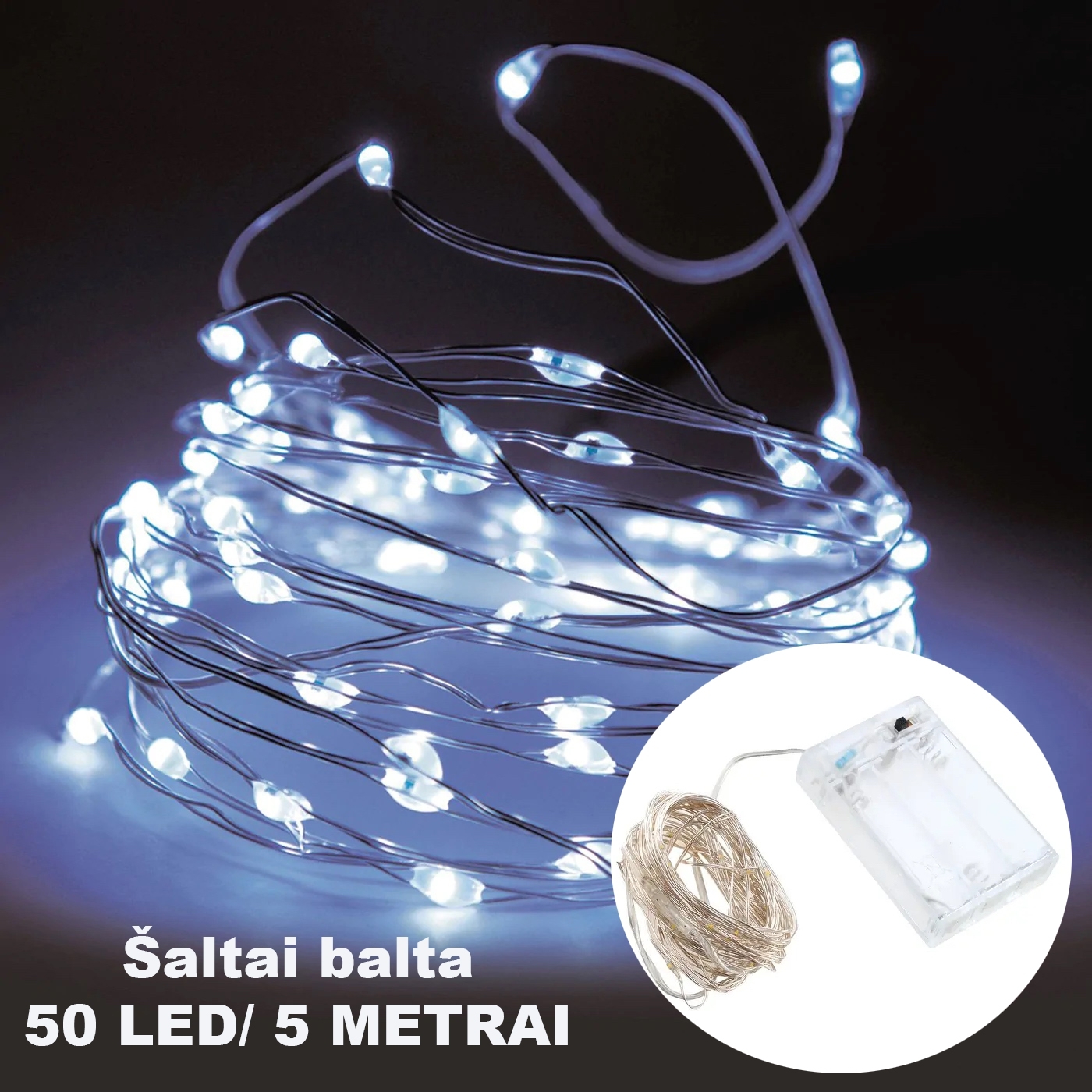 Šaltai balta LED girlianda, 50 LED, 5 m AA kaina internetu