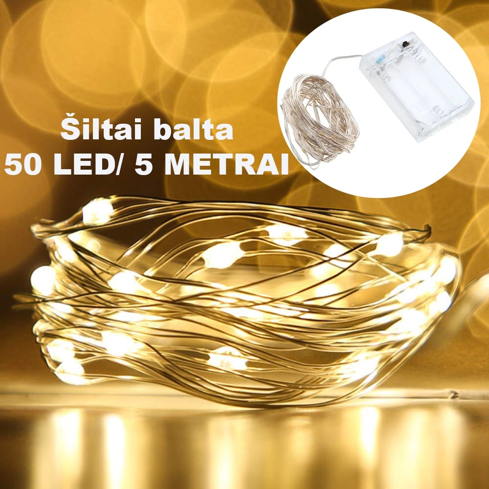 Šiltai balta LED girlianda, 50 LED, 5 m AA kaina internetu
