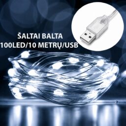 USB LED girlianda, 100 LED, 10 m, šaltai balta kaina internetu