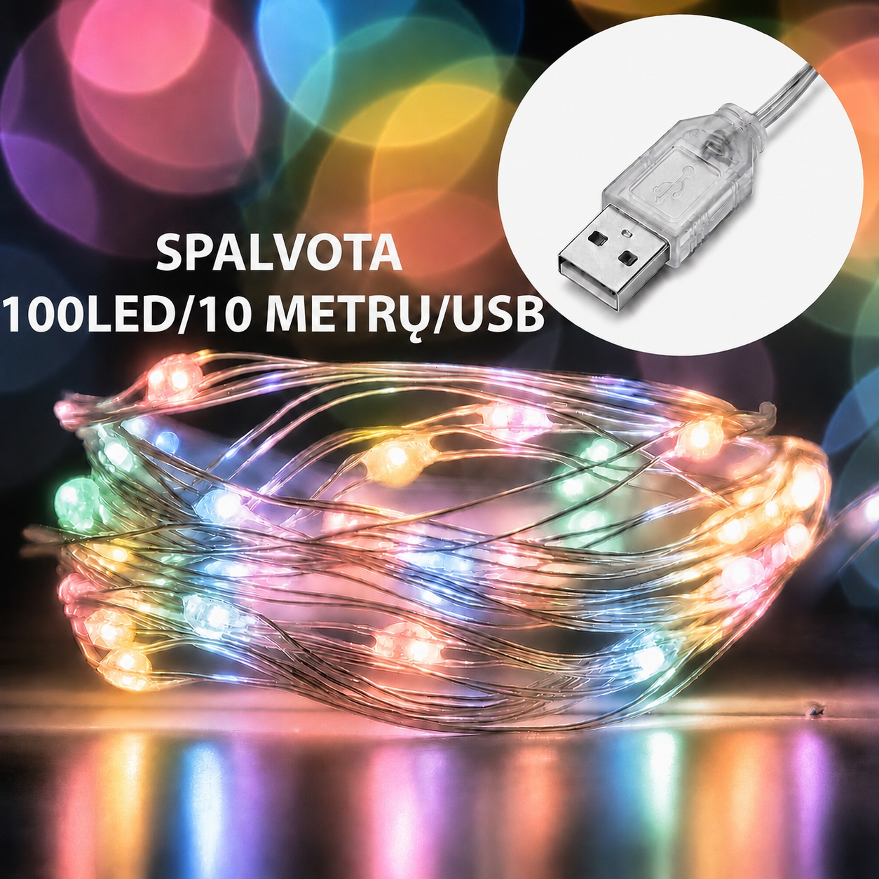 USB LED girlianda, 100 LED, 10 m, spalvota kaina internetu