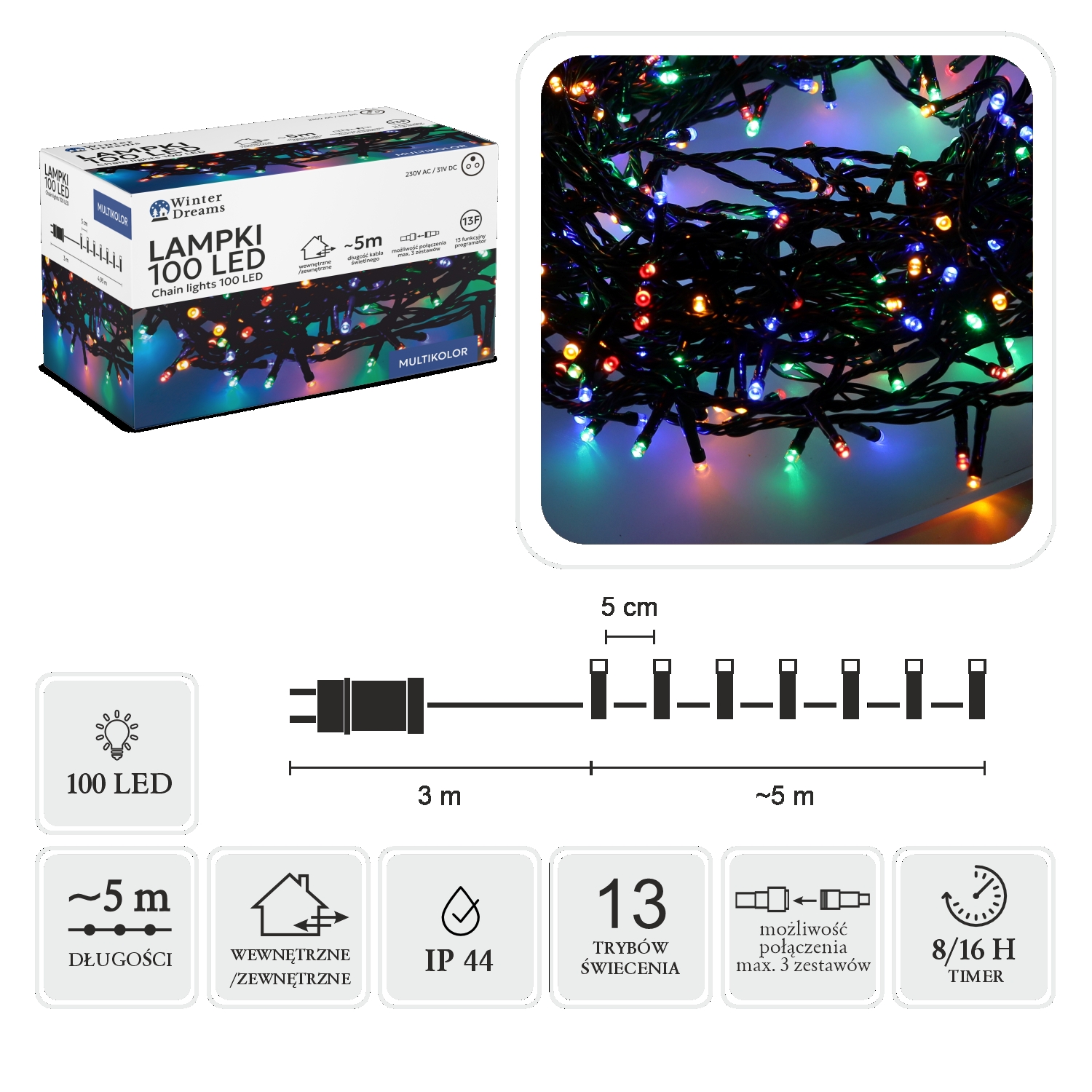 LED girlianda, 100 LED, 8 m, spalvota kaina internetu