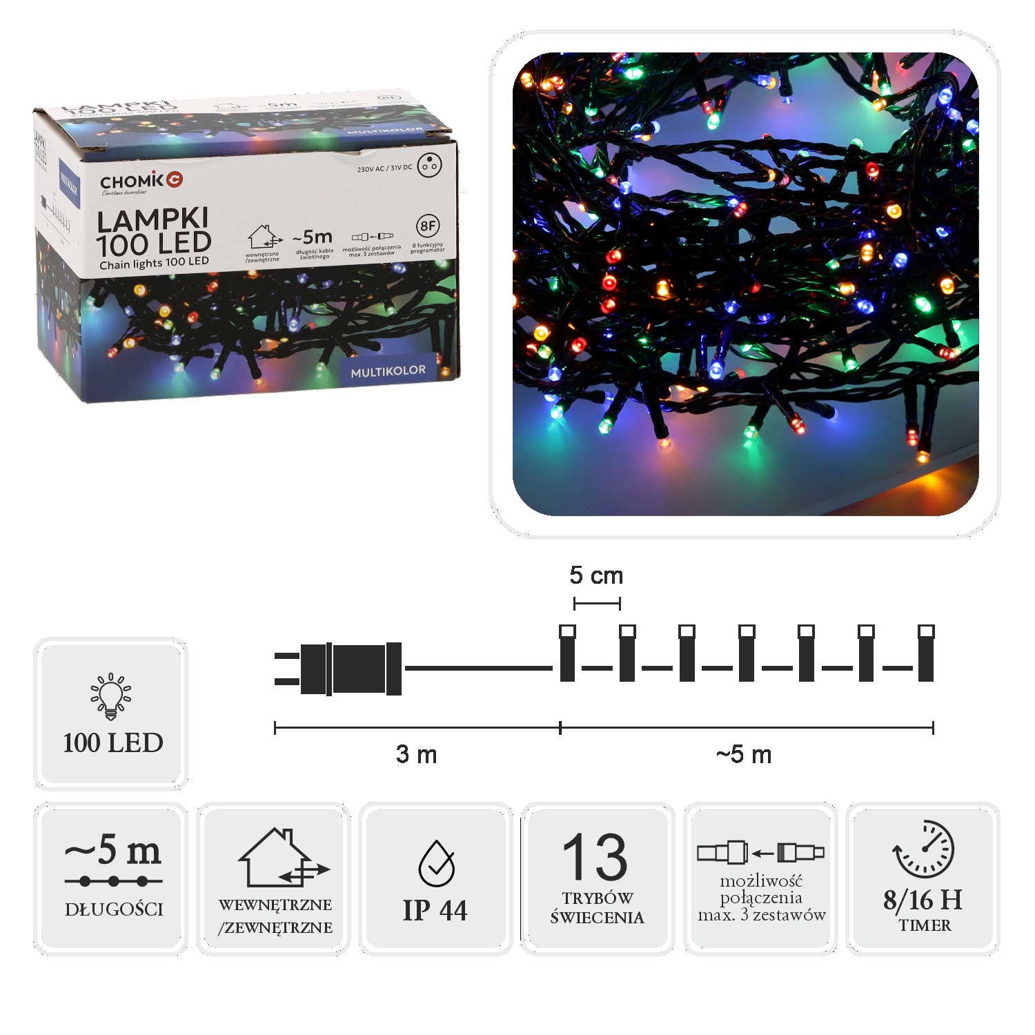 LED girlianda, 100 LED, 8 m, spalvota kaina internetu