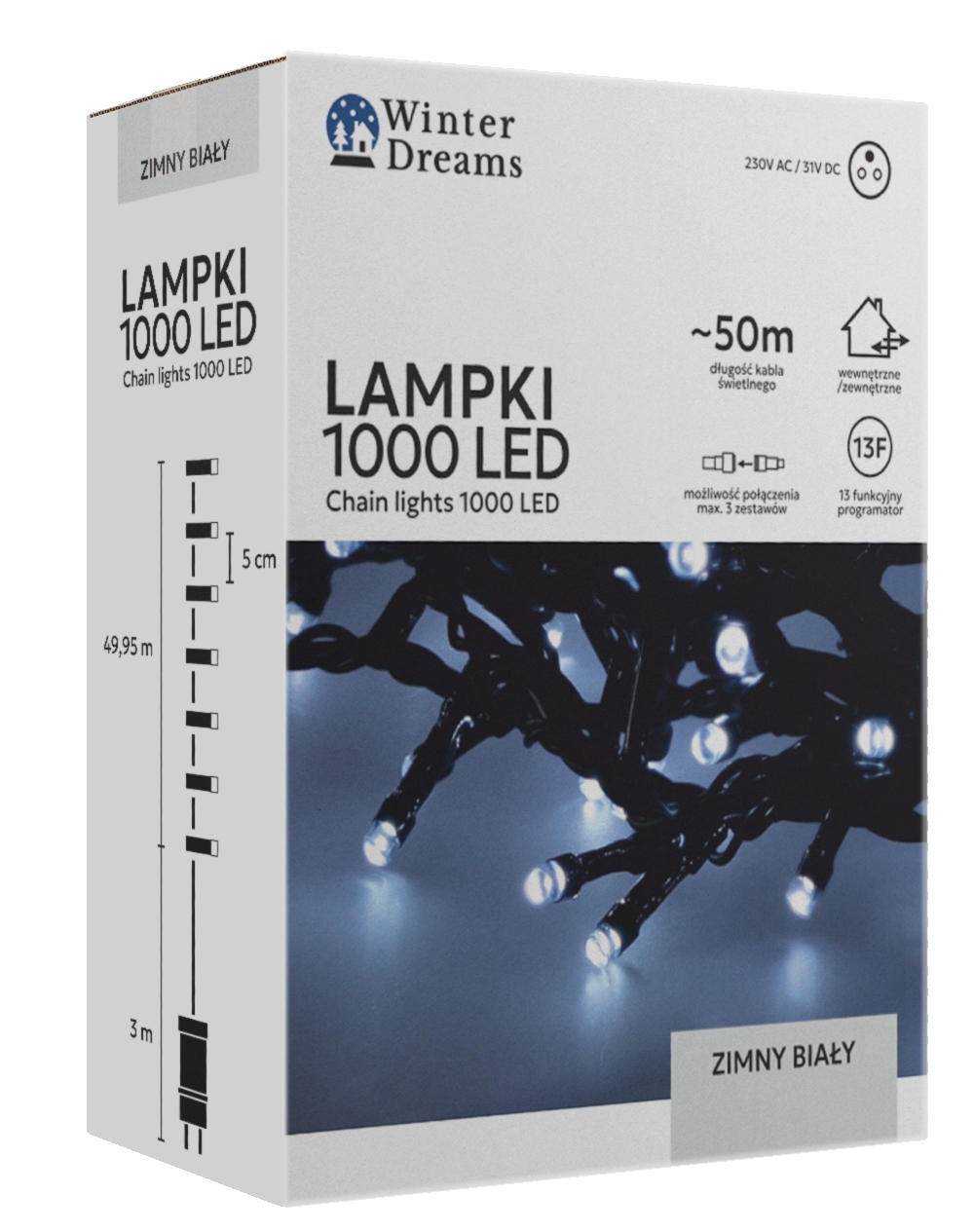 LED girlianda, 1000 LED, 53 m, šaltai balta kaina internetu