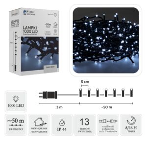 LED girlianda, 1000 LED, 53 m, šaltai balta kaina internetu