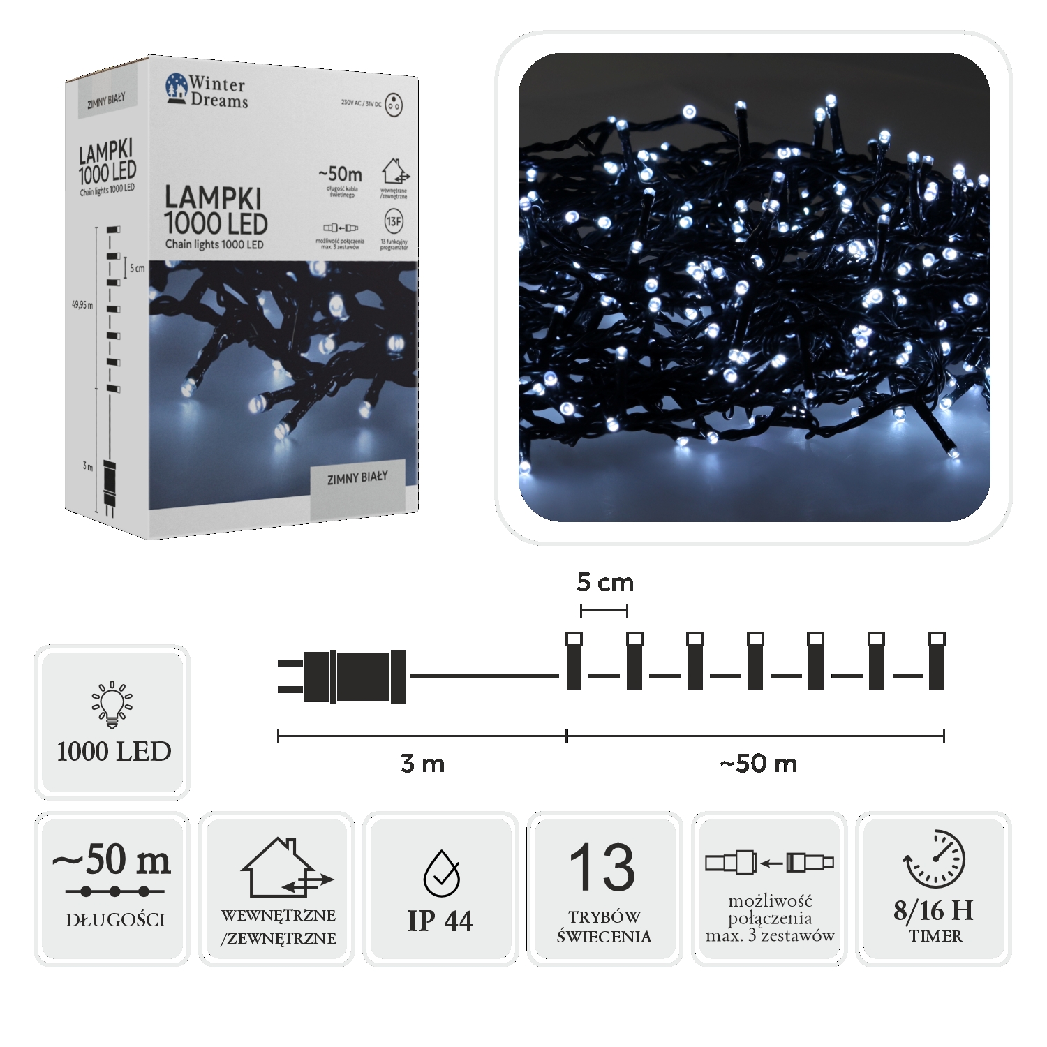 LED girlianda, 1000 LED, 53 m, šaltai balta kaina internetu