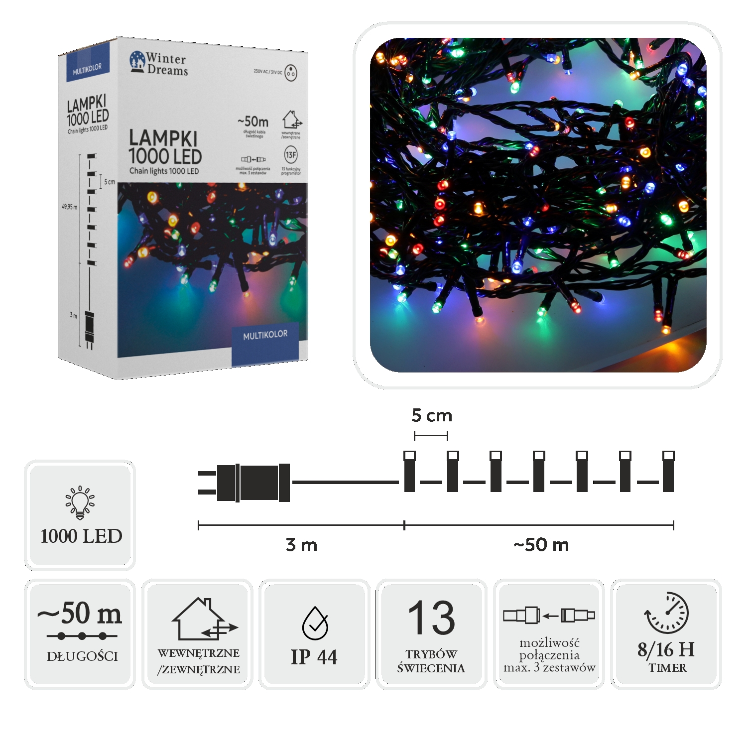 LED girlianda, 1000 LED, 53 m, spalvota kaina internetu