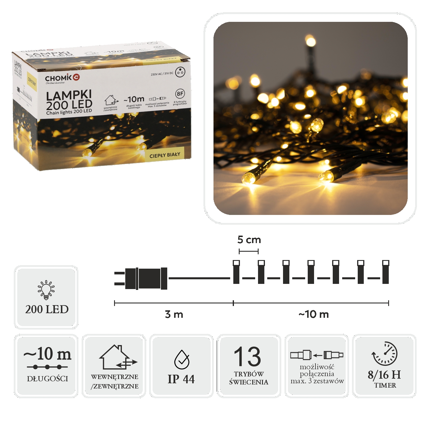 LED girlianda, 200 LED, 13 m, šiltai balta kaina internetu