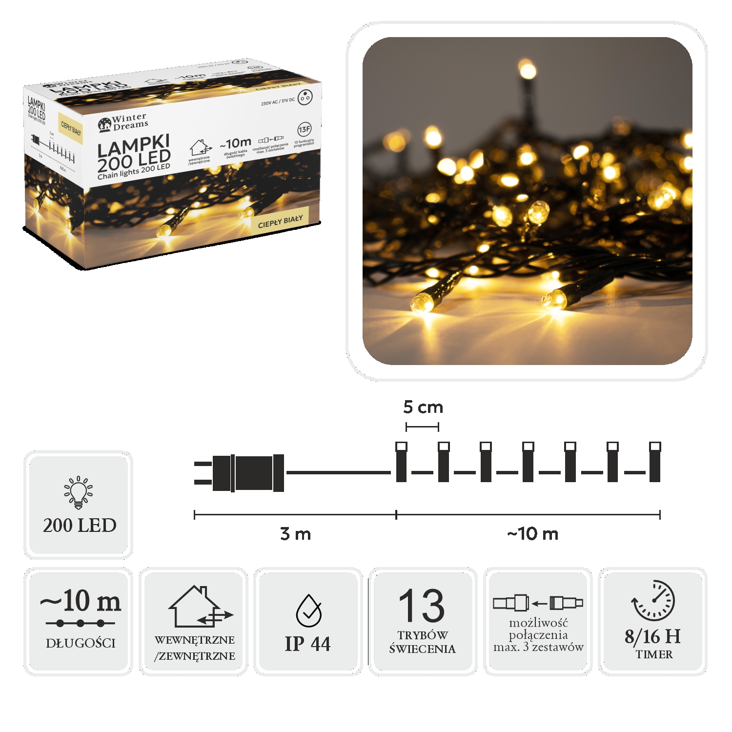 LED girlianda, 200 LED, 13 m, šiltai balta kaina internetu