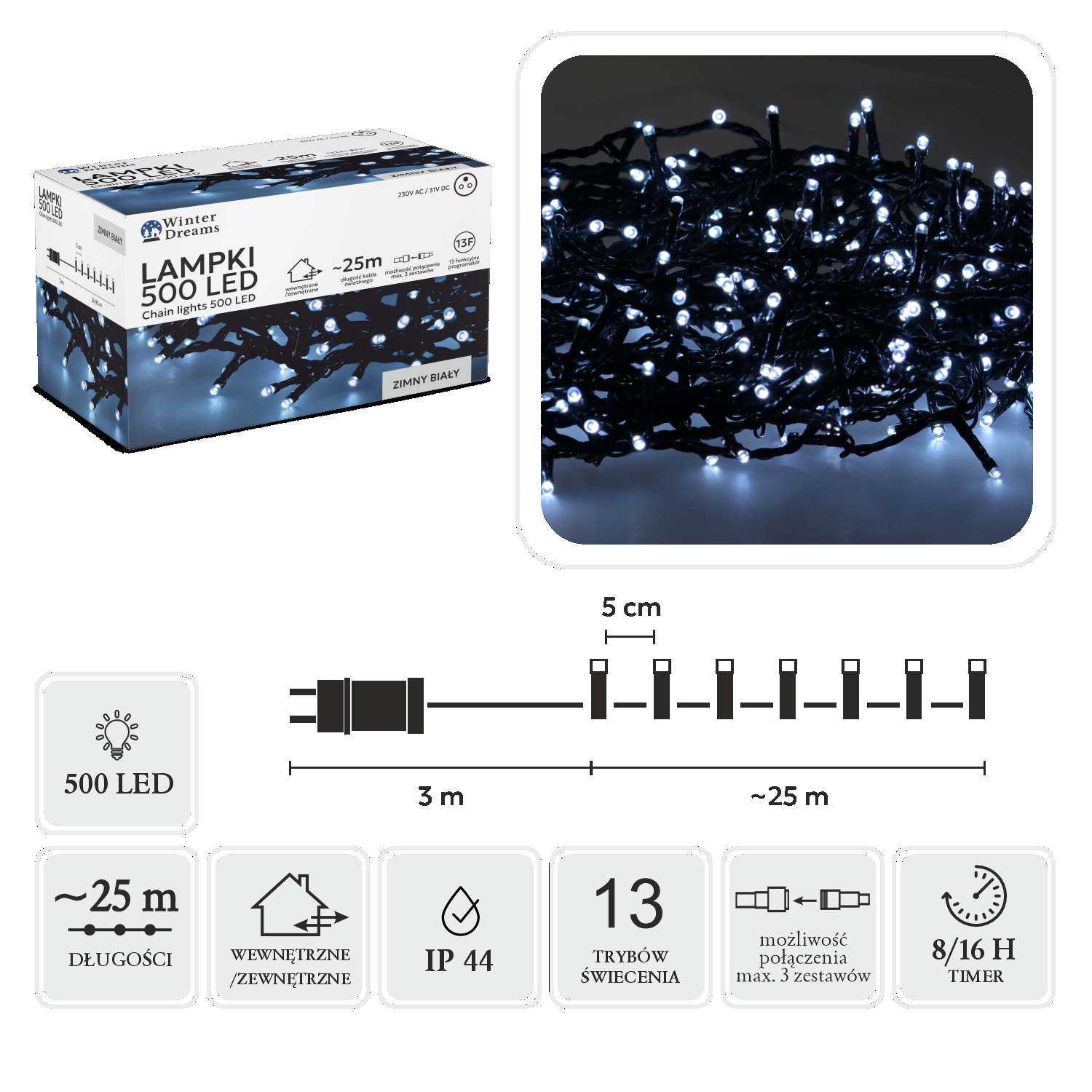 LED girlianda, 500 LED, 28 m, šaltai balta kaina internetu