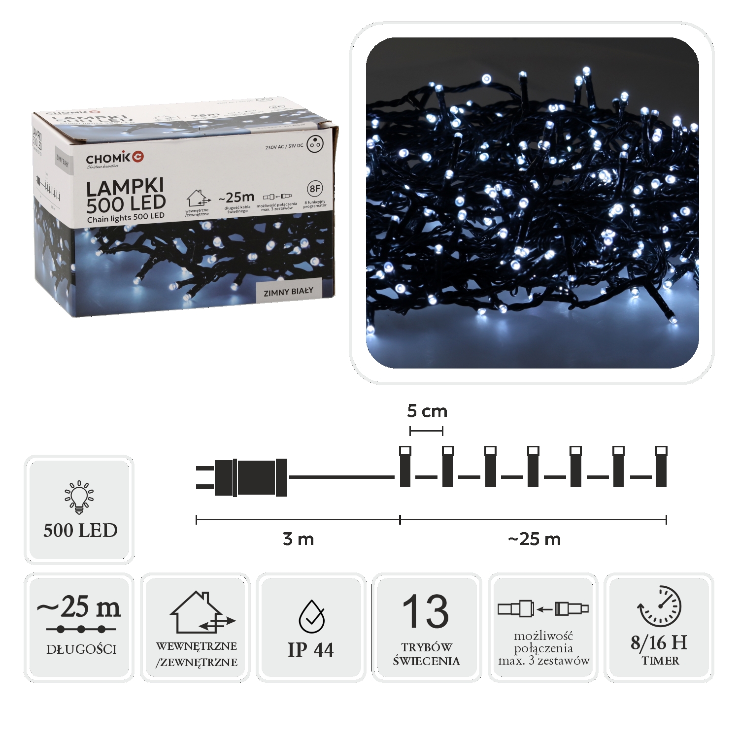 LED girlianda, 500 LED, 28 m, šaltai balta kaina internetu