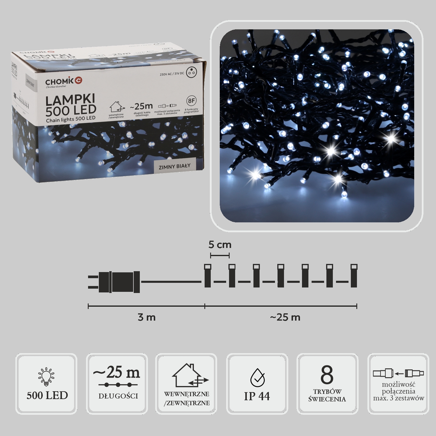LED girlianda, 500 LED, 28 m, šaltai balta kaina internetu
