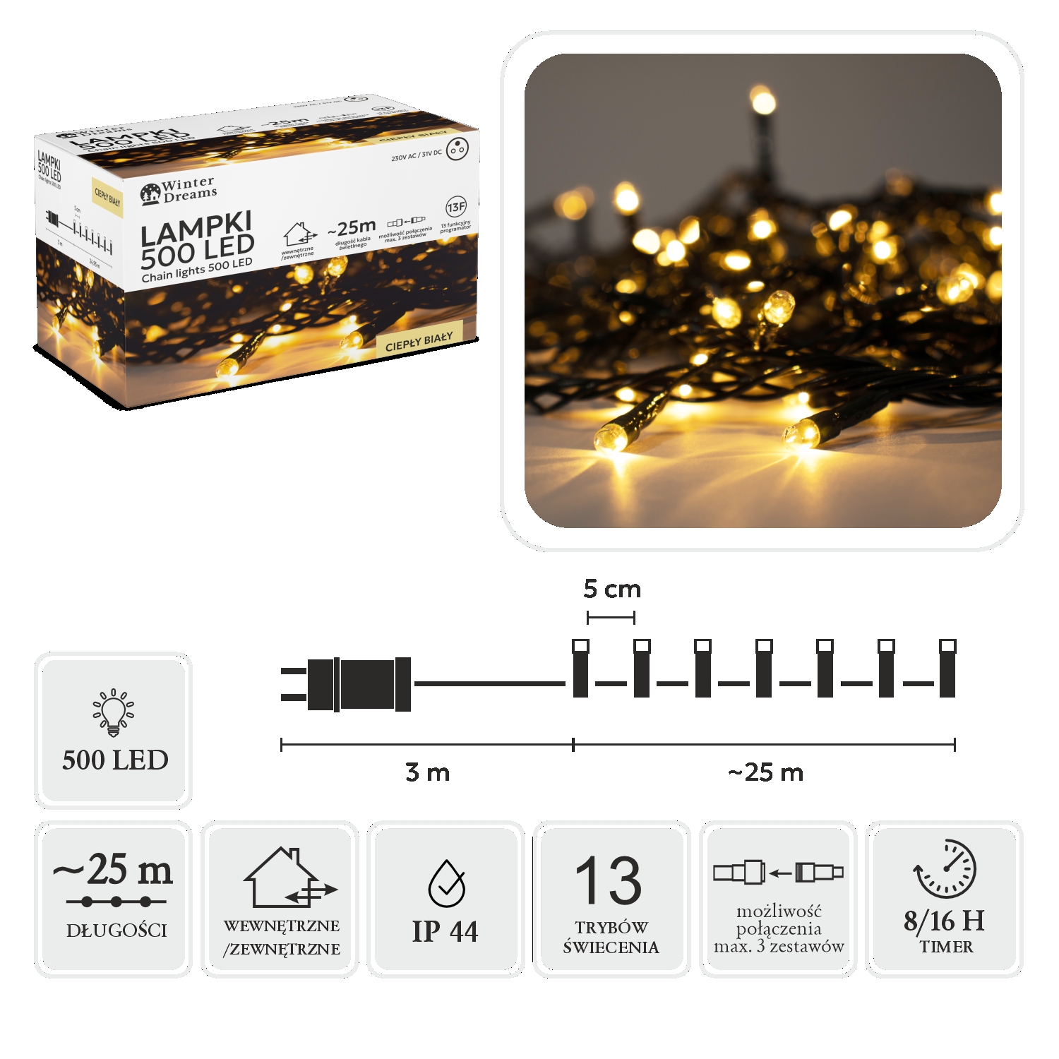 LED girlianda, 500 LED, 28 m, šiltai balta kaina internetu