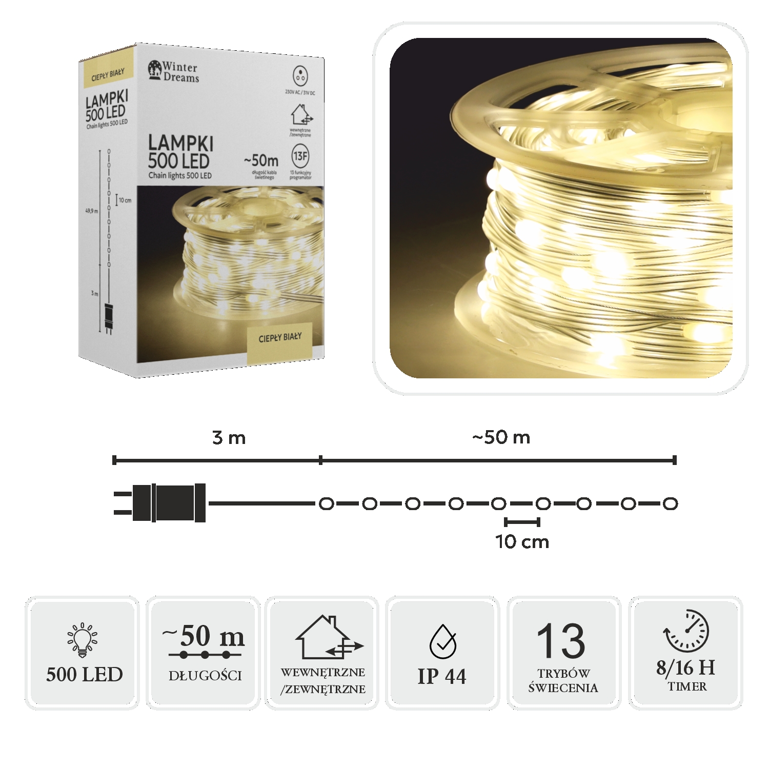 LED girlianda ant ritės, 500 LED, 53 m, šiltai balta kaina internetu
