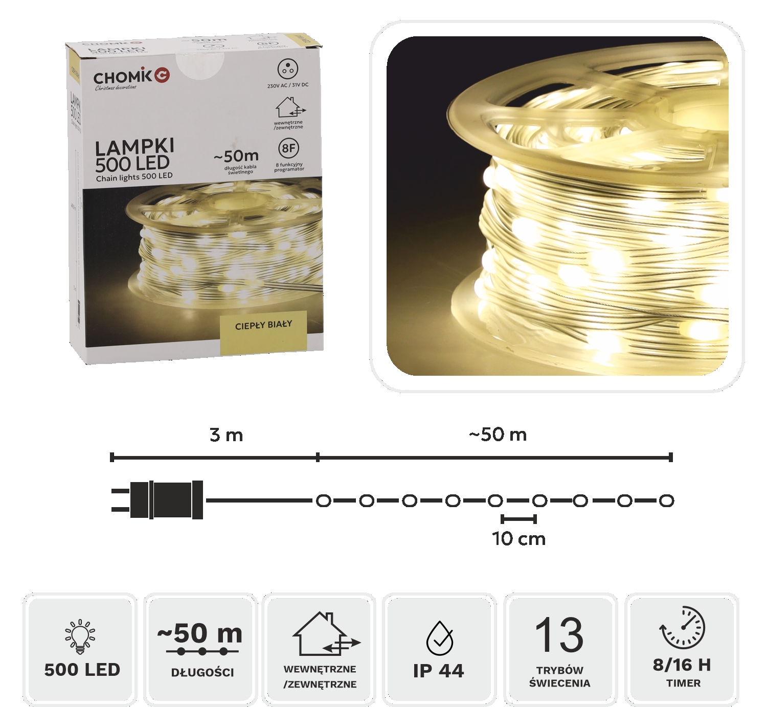 LED girlianda ant ritės, 500 LED, 53 m, šiltai balta kaina internetu