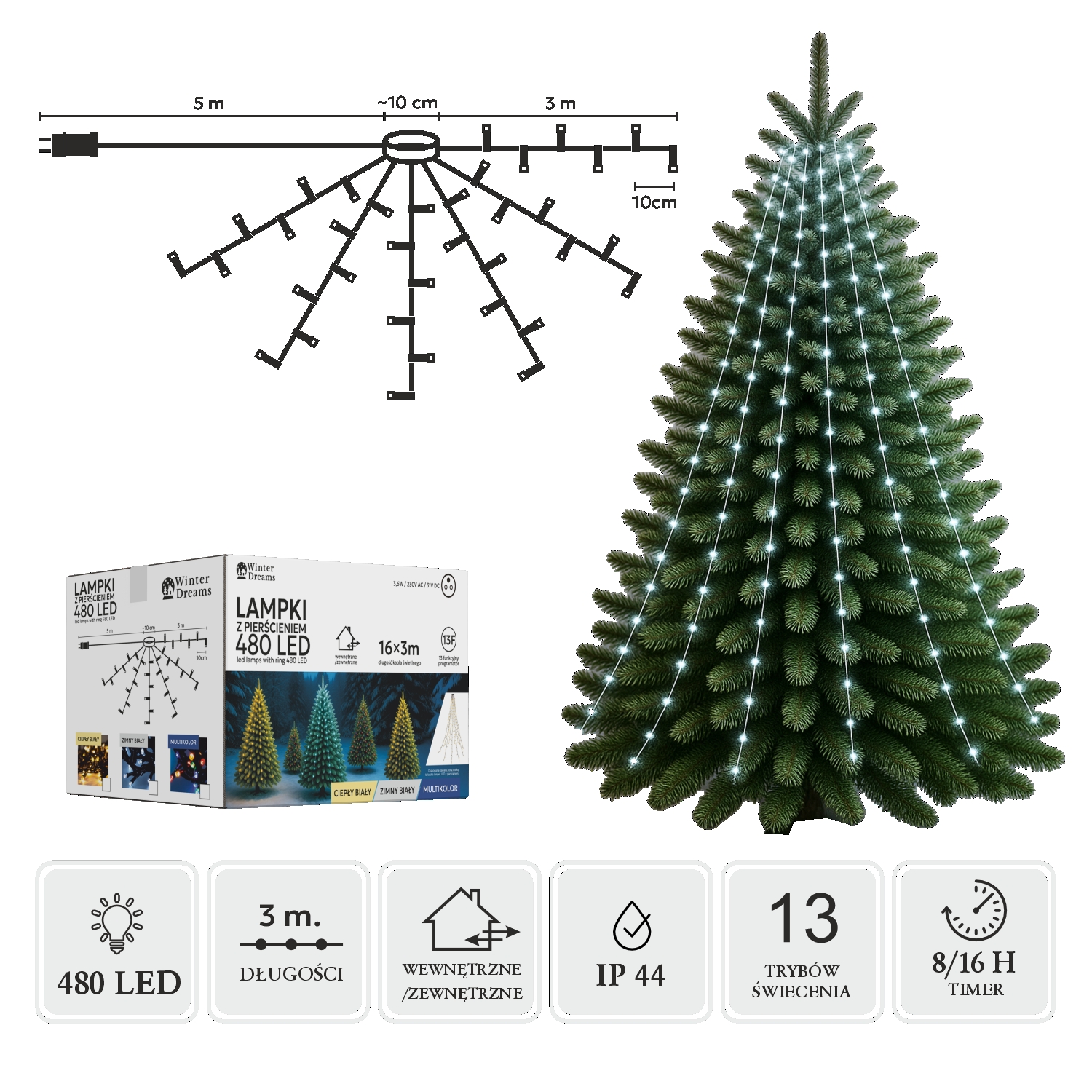 LED girlianda su žiedu, 16 × 3 m, 480 LED, šaltai balta kaina internetu
