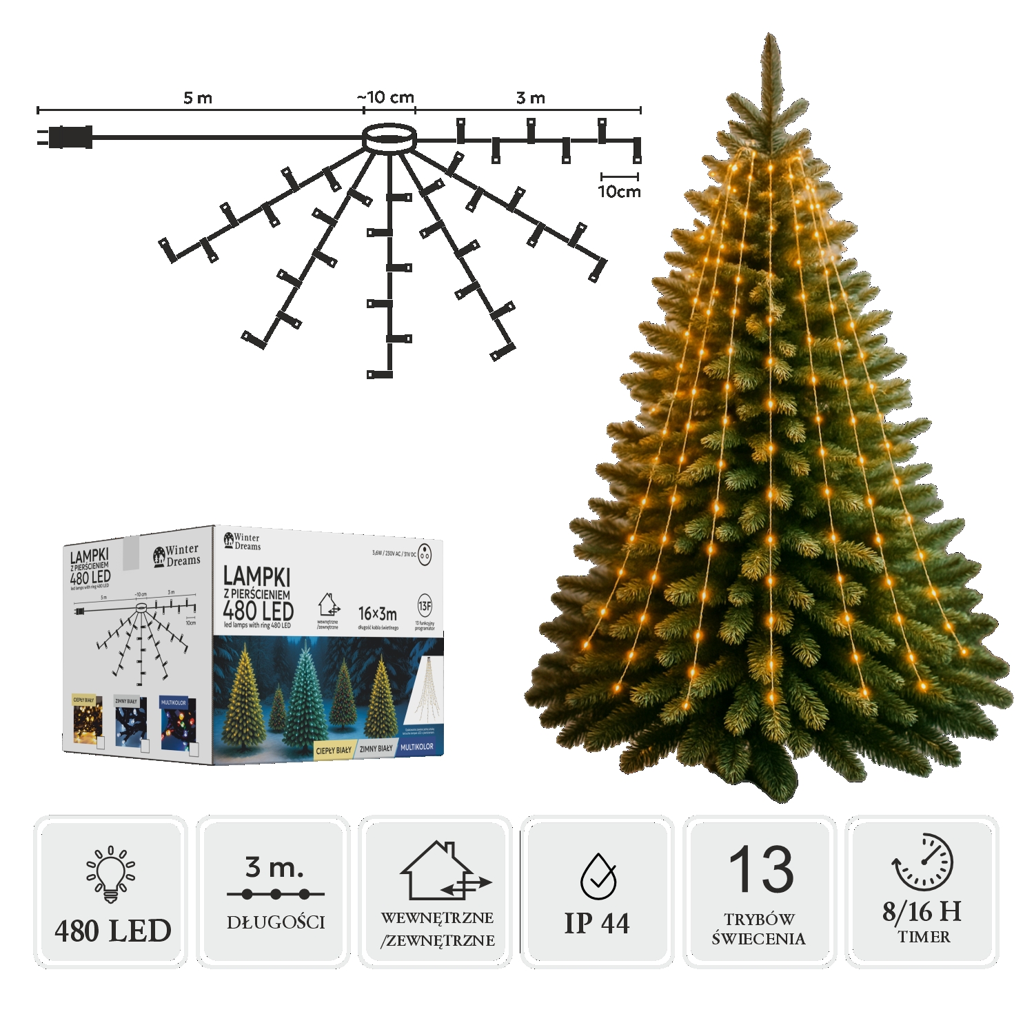 LED girlianda su žiedu, 3 m, 480 LED, šiltai balta kaina internetu