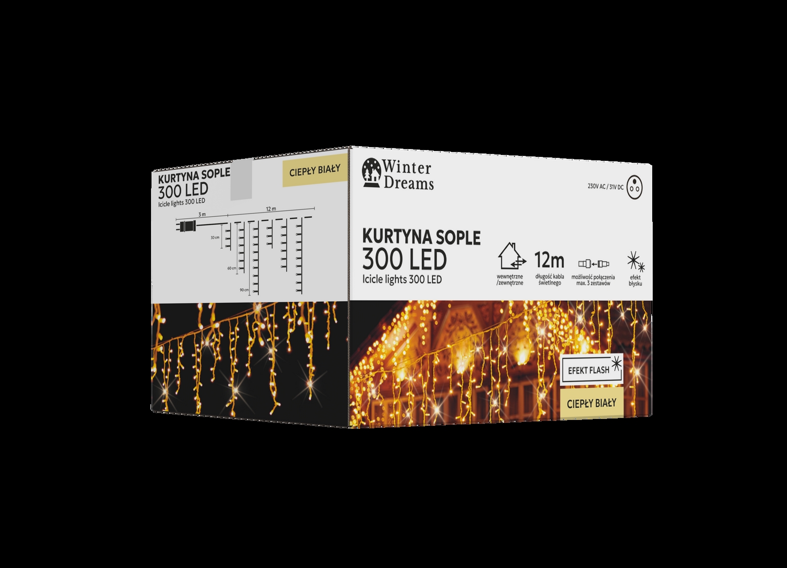 LED varveklių užuolaida, 300 LED, 12 m, šiltai balta su blyksniais kaina internetu