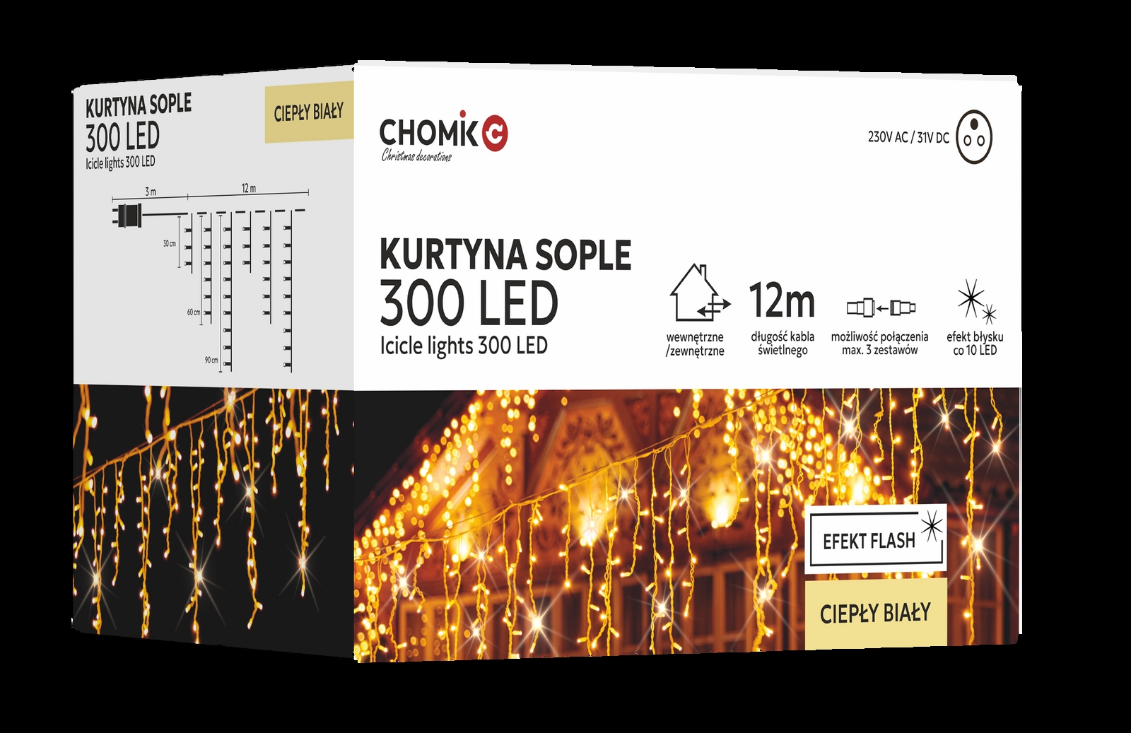 LED varveklių užuolaida, 300 LED, 12 m, šiltai balta su blyksniais kaina internetu