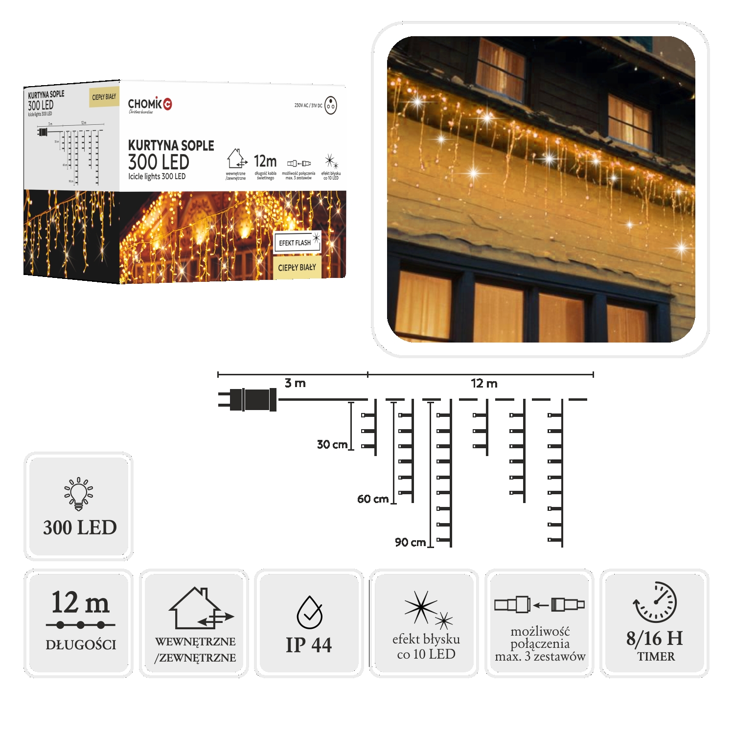 LED varveklių užuolaida, 300 LED, 12 m, šiltai balta su blyksniais kaina internetu