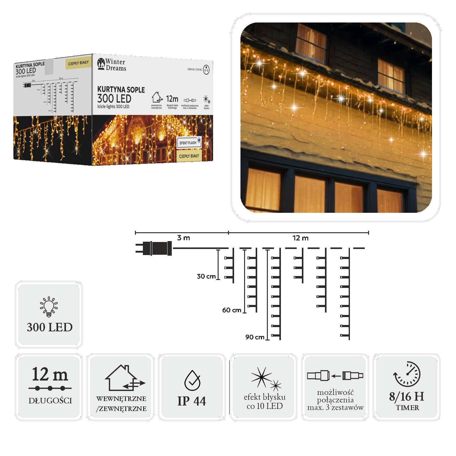 LED varveklių užuolaida, 300 LED, 12 m, šiltai balta su blyksniais kaina internetu