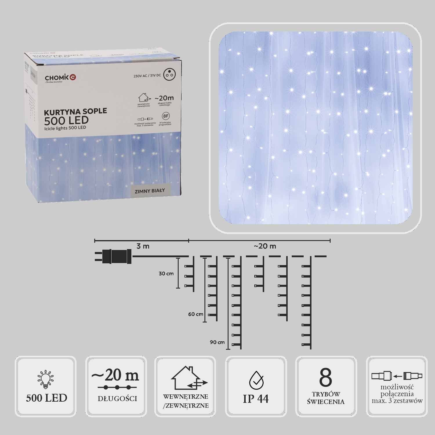 LED varveklių užuolaida, 500 LED, 20 m, šaltai balta kaina internetu
