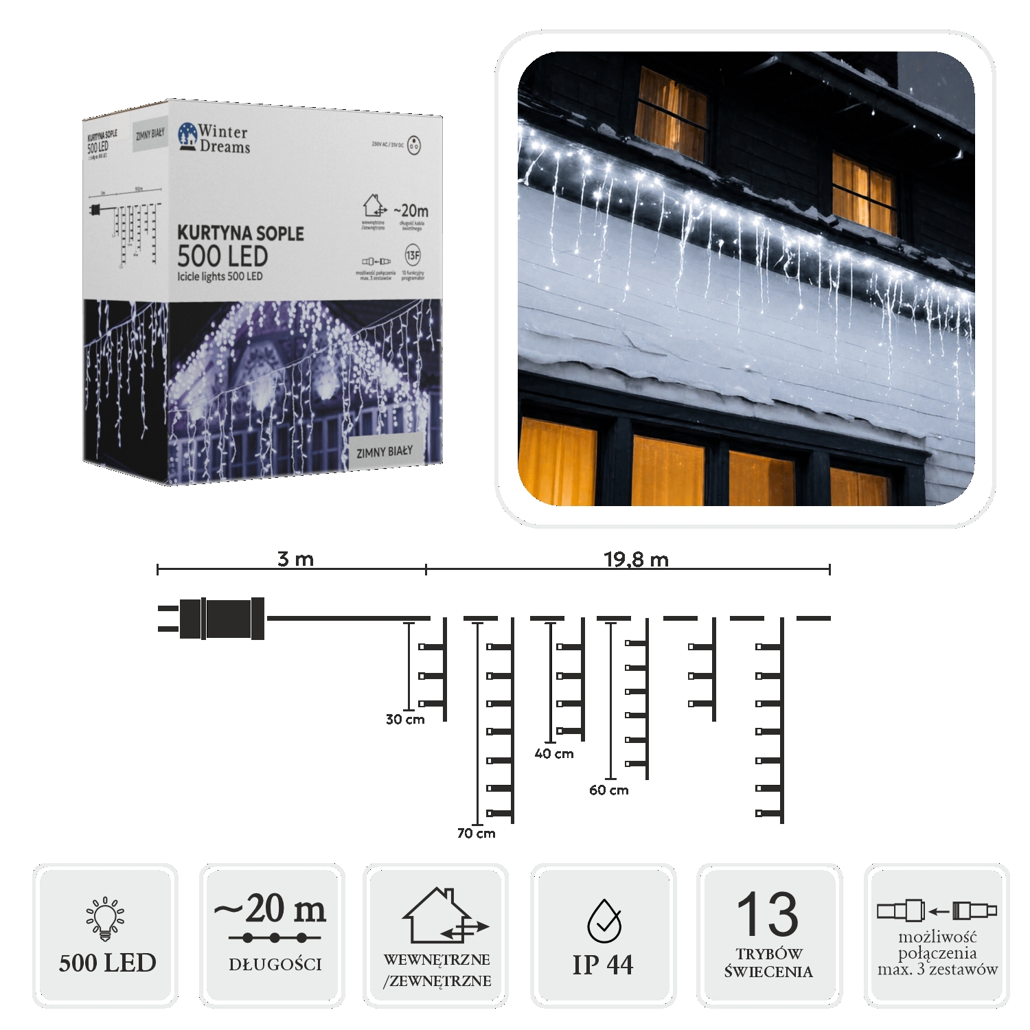 LED varveklių užuolaida, 500 LED, 20 m, šaltai balta kaina internetu
