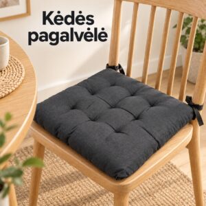 Minkšta kėdės pagalvėlė su raišteliais, juoda kaina internetu