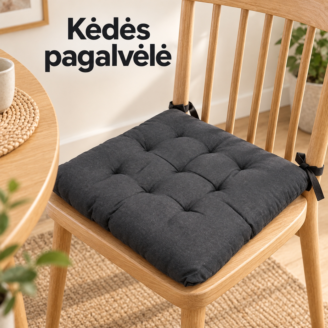 Minkšta kėdės pagalvėlė su raišteliais, juoda kaina internetu