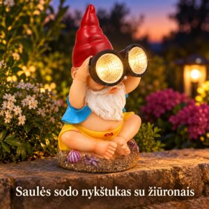 sodo nykštukas su šviečiančiais žiūronais ir saulės panele kaina internetu