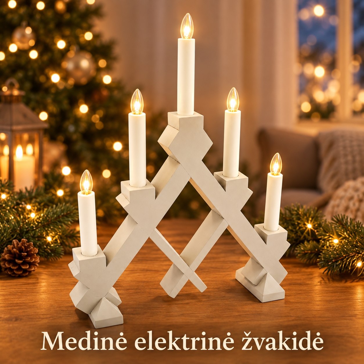 ŠVIESIAI PILKA medinė elektrinė žvakidė, 5 žvakių, 40 × 30 cm kaina internetu