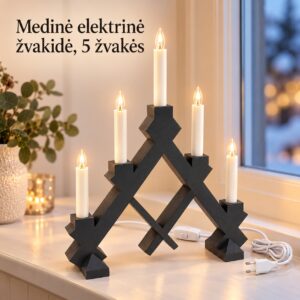 TAMSIAI PILKA medinė elektrinė žvakidė, 5 žvakių, 40 × 30 cm kaina internetu
