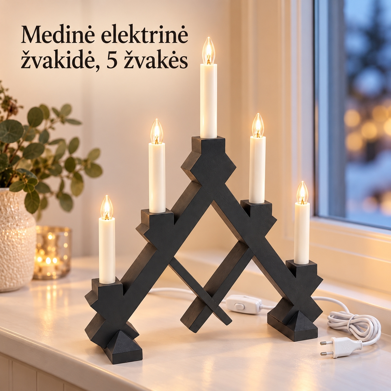 TAMSIAI PILKA medinė elektrinė žvakidė, 5 žvakių, 40 × 30 cm kaina internetu